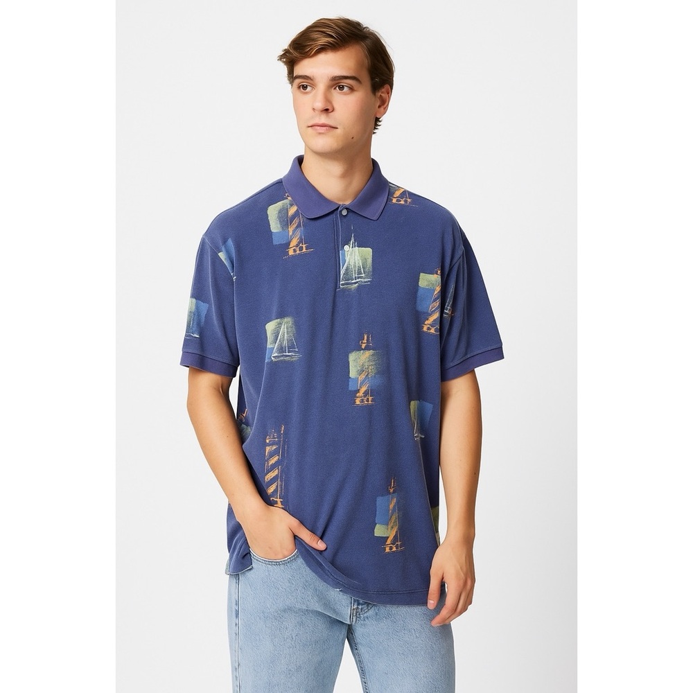 Nautica VTG Novelty Boat Pattern AOP Short Sleeve Collared Button Polo Shirt
